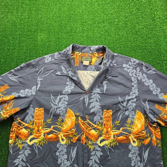 Hawaii‎ Reserve Collection Shirt Mens Large/XL Blue Tiki Tribal Tropical Camp - Picture 2 of 9